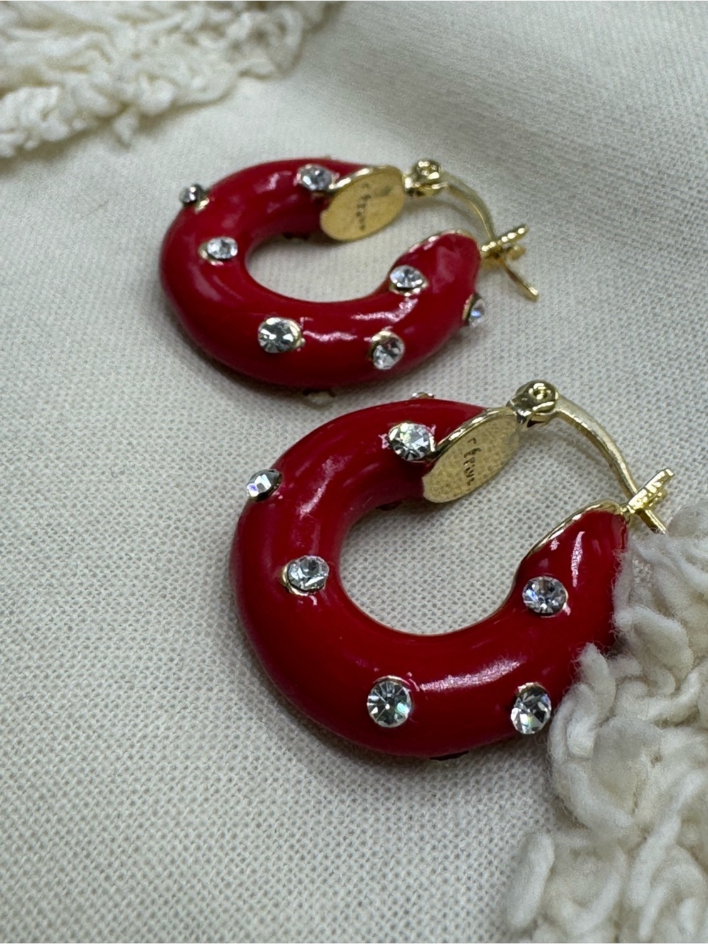 Red Enamel Rhinestone Hoop Earrings Gold Tone